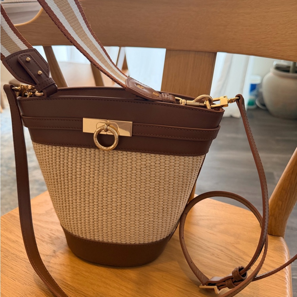 Parisa Wang Woven/Straw Bucket Bag w/ 2 Straps - Brown Leather (Excellent)